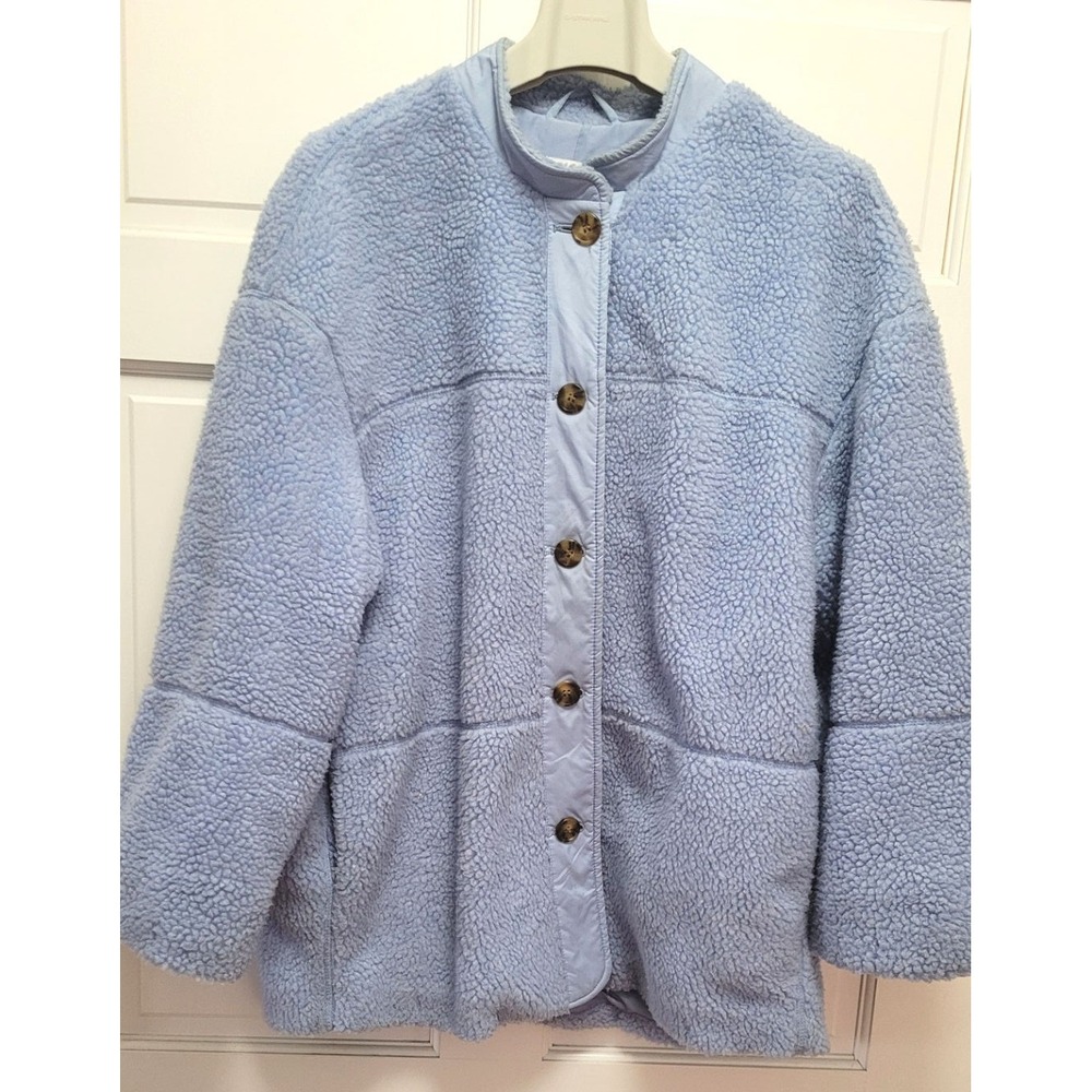 H&M Women's Button Up Sherpa Teddy Jacket Shacket - Light Blue - Small